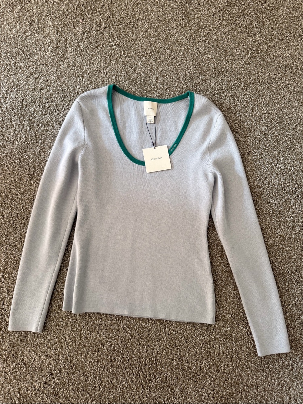 Calvin Klein Light Gray Long Sleeve Tee with Green Trim